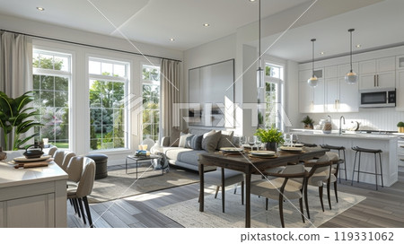 Modern open concept living area with natural light in a stylish home 119331062