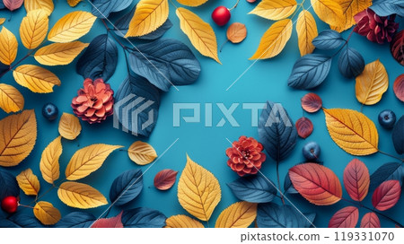 A vibrant autumn garden displaying colorful pumpkins and blossoming flowers amid soft mist 119331070