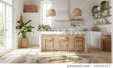 Modern white kitchen with marble countertops and wooden bar stools during daytime 119331117