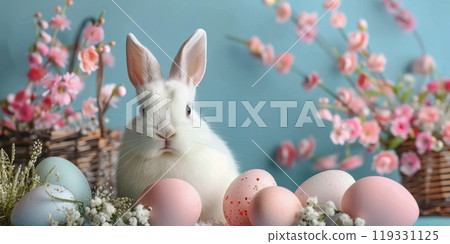 A cute rabbit surrounded by colorful Easter eggs and vibrant flowers on a pastel backdrop 119331125