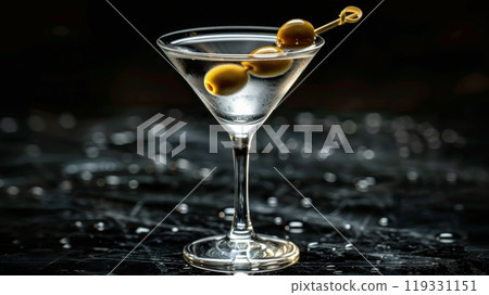 Elegant martini with an olive and a twist, displaying sophistication in an intimate setting 119331151