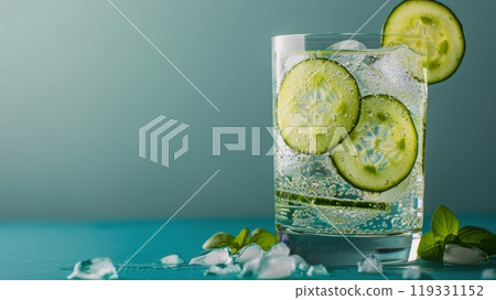 Refreshing cucumber cocktail served with ice on a cool, blue surface in a well lit environment 119331152