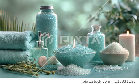 Relaxing spa setup featuring candles, natural decor, and soothing elements in a calming atmosphere 119331153