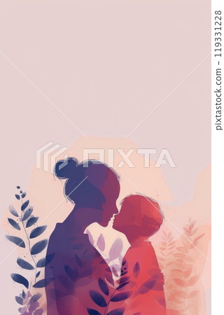 A tender moment between a mother and child surrounded by soft foliage at twilight 119331228
