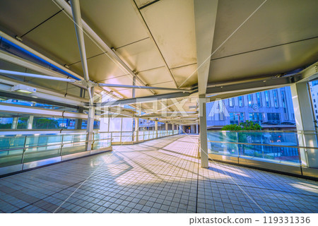 Yokohama cityscape in Japan in October. View of Yokohama West Exit 1st Pedestrian Bridge and Sheraton H at the west exit of Yokohama Station = 1st 119331336