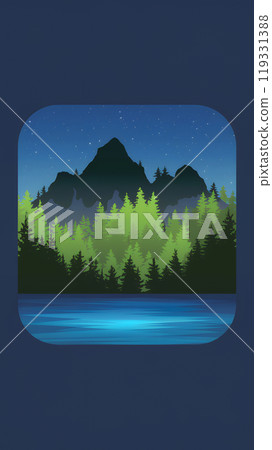 web banner with serene nighttime scene of a forest by a lake, with mountains in the background 119331388