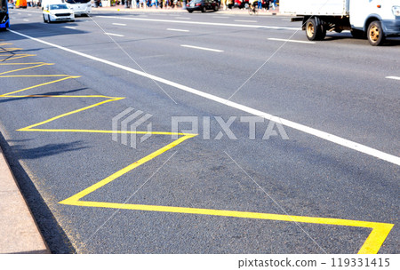 Road markings of a city street for public transport stops Road markings of a city street for public transport stops 119331415