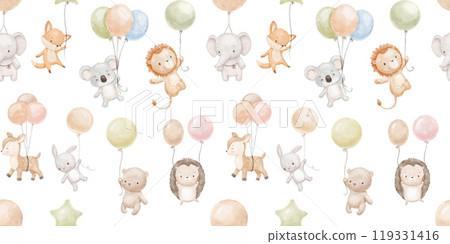 Seamless watercolor pattern with cute baby animals with balloons. Hand drawn neutral illustrations on white 119331416