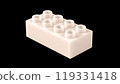 Champagne Pink Plastic Lego Block Isolated on a Black Background. Children Toy Brick, Perspective View. Close Up View of a Game Block for Constructors. 3D Rendering. 8K Ultra HD, 7680x4320, 300 dpi 119331418