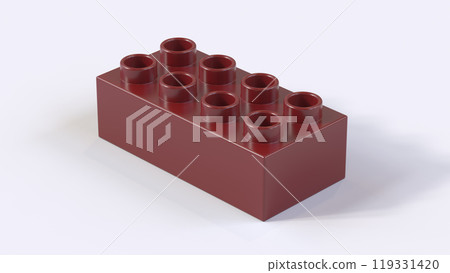 Maroon Plastic Lego Block on a White Background. Children Toy Brick, Perspective View. Close Up View of a Game Block for Constructors. 3D rendering. 8K Ultra HD, 7680x4320, 300 dpi 119331420