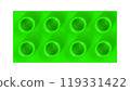 Neon Green Lego Block Isolated on a White Background. Close Up View of a Plastic Children Game Brick for Constructors, Top View. High Quality 3D Rendering with a Work Path. 8K Ultra HD, 7680x4320 119331422