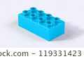 Cyan Plastic Lego Block on a White Background. Children Toy Brick, Perspective View. Close Up View of a Game Block for Constructors. 3D Rendering. 8K Ultra HD, 7680x4320, 300 dpi 119331423