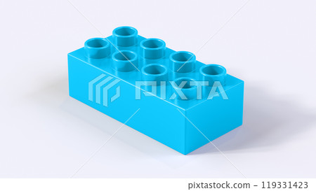 Cyan Plastic Lego Block on a White Background. Children Toy Brick, Perspective View. Close Up View of a Game Block for Constructors. 3D Rendering. 8K Ultra HD, 7680x4320, 300 dpi 119331423