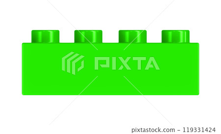 Neon Green Lego Block Isolated on a White Background. Close Up View of a Plastic Children Game Brick for Constructors, Front View. High Quality 3D Rendering with a Work Path. 8K Ultra HD, 7680x4320 119331424