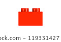 Scarlet Lego Block Isolated on a White Background. Close Up View of a Plastic Children Game Brick for Constructors, Side View. High Quality 3D Render with a Work Path. 8K Ultra HD, 7680x4320, 300 dpi 119331427