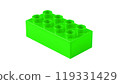 Neon Green Plastic Lego Block Isolated on a White Background. Children Toy Brick, Perspective View. Close Up View of a Game Block for Constructors. 3D illustration. 8K Ultra HD, 7680x4320, 300 dpi 119331429