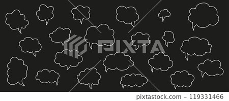 Hand drawn speech bubbles chat set. Vector stock illustration isolated on black background for design template web site, presentation, message, communication, comments and notes. Editable stroke line. Hand drawn speech bubbles chat set. Vector stock illustration isolated on black background for design template web site, presentation, message, communication, comments and notes. Editable stroke line. 119331466
