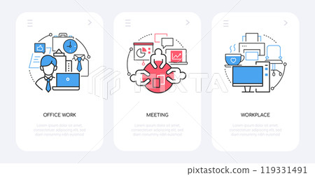 Office work and meeting - line design style banners set Office work and meeting - line design style banners set 119331491