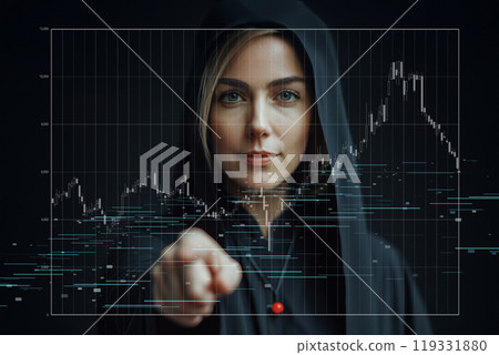 AI-generated image: A foreign woman wearing a black cloak points at a stock chart 119331880