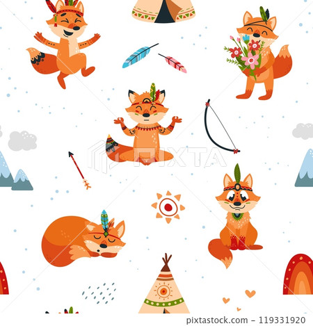 Fox seamless pattern. Cute red foxes cartoon style. Happy forest wild animal. Children mascots print design for fabric, wrapping wallpaper, classy vector background 119331920