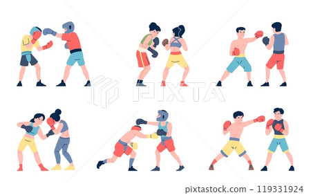 Sparring training. Professional boxers fighting in gloves, wrestling or kickboxing. Boxing athletes training, strong sportlers recent vector set Sparring training. Professional boxers fighting in gloves, wrestling or kickboxing. Boxing athletes training, strong sportlers recent vector set 119331924
