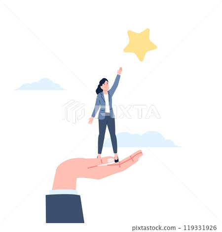 Reach out for the star. Young woman has help in work or business. Workers support system, growth and development motivation, recent vector scene Reach out for the star. Young woman has help in work or business. Workers support system, growth and development motivation, recent vector scene 119331926