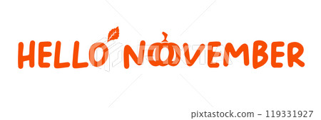 Hello November text with pumpkin isolated on transparent background. Hello November sticker png, label png, banner, poster design template Hello November text with pumpkin isolated on transparent background. Hello November sticker png, label png, banner, poster design template 119331927