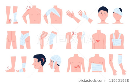 Bandaged body parts. Bandage application to injury, wound or bruise. Fractures and wounds on hand leg head back shoulder, recent vector elements Bandaged body parts. Bandage application to injury, wound or bruise. Fractures and wounds on hand leg head back shoulder, recent vector elements 119331928