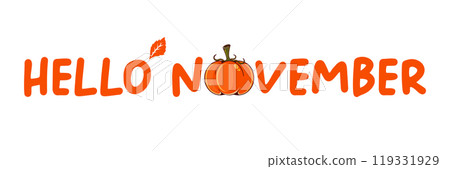 Hello November text with pumpkin isolated on transparent background. Hello November sticker png, label png, banner, poster design template 119331929