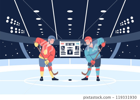 Hockey players play the puck. Two athletes on ice stadium have training. Sport characters wear helmets and uniform, holding sticks, recent vector scene Hockey players play the puck. Two athletes on ice stadium have training. Sport characters wear helmets and uniform, holding sticks, recent vector scene 119331930