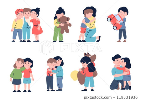 Children hugs. Kids hugging mother father toys and friends. Little toddlers friendship, good kind emotionality characters. Help love support recent vector characters 119331936