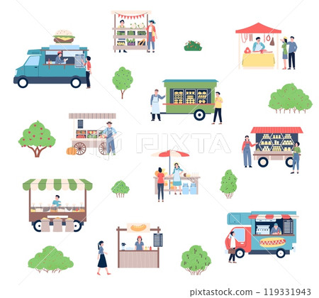 Food and goods market concept. Farm products on stalls and counters. People walking on market, choose fruits vegetables honey, vector scene 119331943
