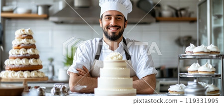 Cheerful male pastry chef in kitchen, proudly presenting a beautifully decorated tiered wedding cake, surrounded by various desserts and baking equipment 119331995