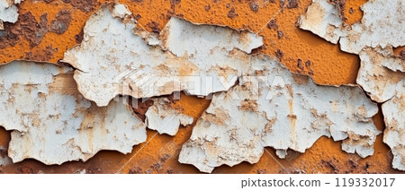 Close up of weathered metal surface with peeling white paint revealing rusty orange layers underneath, creating an abstract textured pattern 119332017