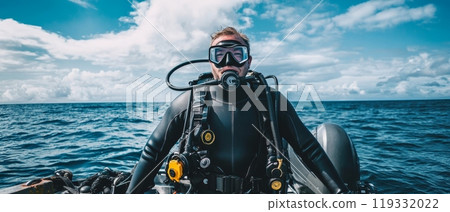 Scuba diver equipped with full gear on boat against blue sky and ocean, prepared for an exciting underwater exploration 119332022