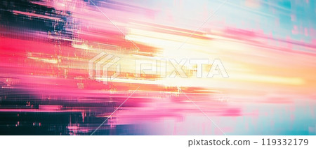 Abstract digital glitch effect with vibrant pink and cyan hues, creating a futuristic and dynamic visual composition 119332179