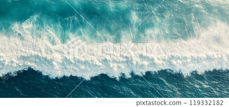 Stunning aerial perspective of turquoise ocean waves crashing with white foam, showcasing the power and beauty of nature 119332182