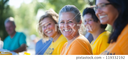 Cheerful multi ethnic group of adult volunteers wearing bright colored t shirts, gathered outdoors, representing community service and teamwork Cheerful multi ethnic group of adult volunteers wearing bright colored t shirts, gathered outdoors, representing community service and teamwork 119332192