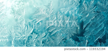 Intricate ice crystals form a mesmerizing winter landscape in shades of blue and white, showcasing nature's frozen artistry in close up detail Intricate ice crystals form a mesmerizing winter landscape in shades of blue and white, showcasing nature's frozen artistry in close up detail 119332194