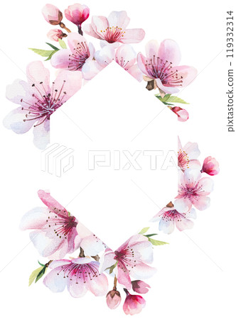 Frame with watercolor pink cherry flowers and green leaves, wedding sakura isolated illustration 119332314