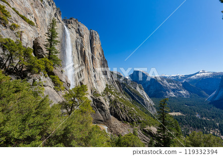 Sunny view of the Upper Yosemite Falls in Yosemite National Park Sunny view of the Upper Yosemite Falls in Yosemite National Park 119332394