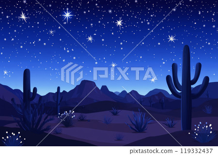 Desert with silhouettes of cactuses and mountains in background 119332437