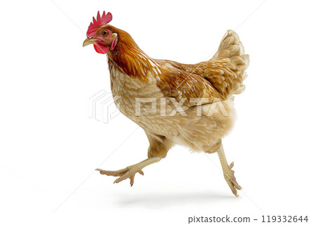 Running chicken hen on white background. 119332644