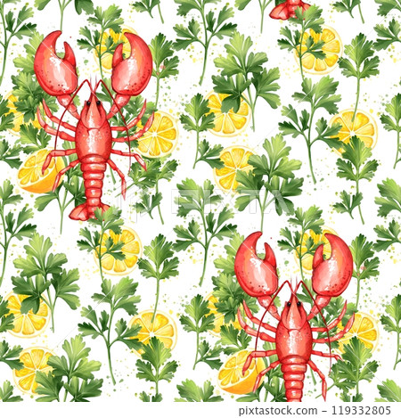 Seamless pattern of lemons, red lobster, parsley and cilantro. Food illustration, white background Seamless pattern of lemons, red lobster, parsley and cilantro. Food illustration, white background 119332805