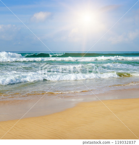 Sea and colorful sunrise on blue cloudy sky. Sea and colorful sunrise on blue cloudy sky. 119332837