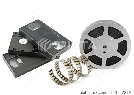Film strip and video cassettes isolated on white background. Collage. 119332839