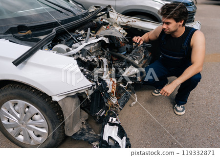 High-angle view of puzzled mechanic male examining front of car without bumper, assessing plan for future work in automobile repair and renew service station. Concept of car service and maintenance. High-angle view of puzzled mechanic male examining front of car without bumper, assessing plan for future work in automobile repair and renew service station. Concept of car service and maintenance. 119332871