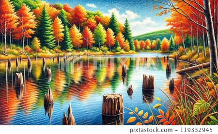 Reflection of a colorful autumn landscape on a tranquil lake 119332945