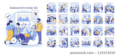 Inclusion in Everyday Life set. Diverse scenarios depicting societal inclusion for individuals with disabilities. Workplace accommodations, accessible travel, and inclusive education. Vector 119333050