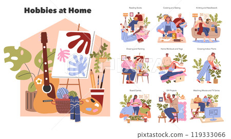 Hobbies at Home set. People engaging in various domestic activities for creativity and leisure. Reading, cooking, gardening, and crafting illustrated. Vector illustration. 119333066